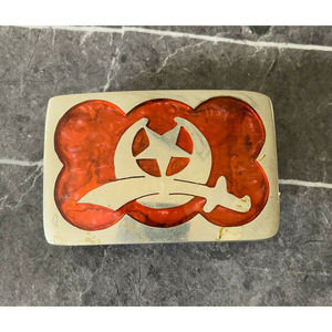 Shriner Belt Buckle Star Moon Sword Silver Metal Red Enamel Inlay